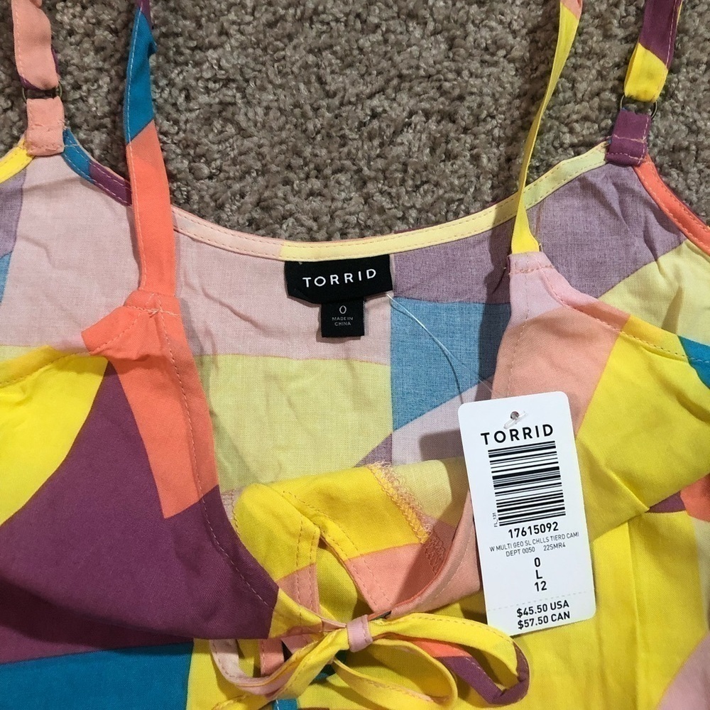 Torrid Challis Tiered Tie-Front Cami Bright Geometric Print 0X - Picture 8 of 13